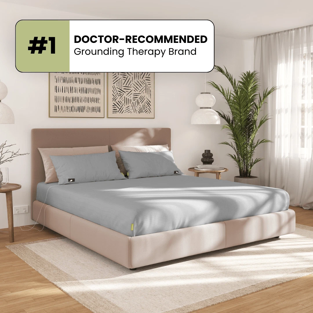 Grounding bed sheet displayed in a modern bedroom